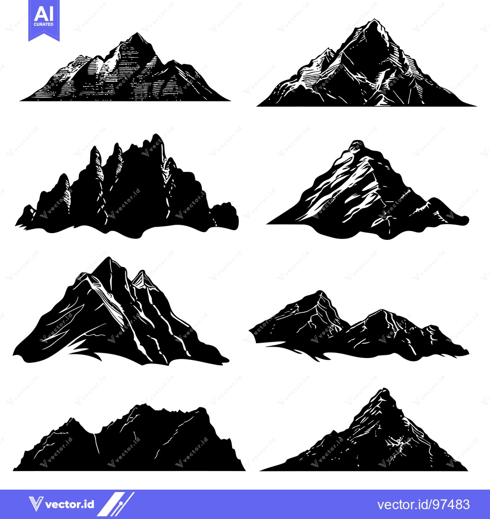 Premium Vector dari A Set of Eight Black and White Mountain Silhouettes