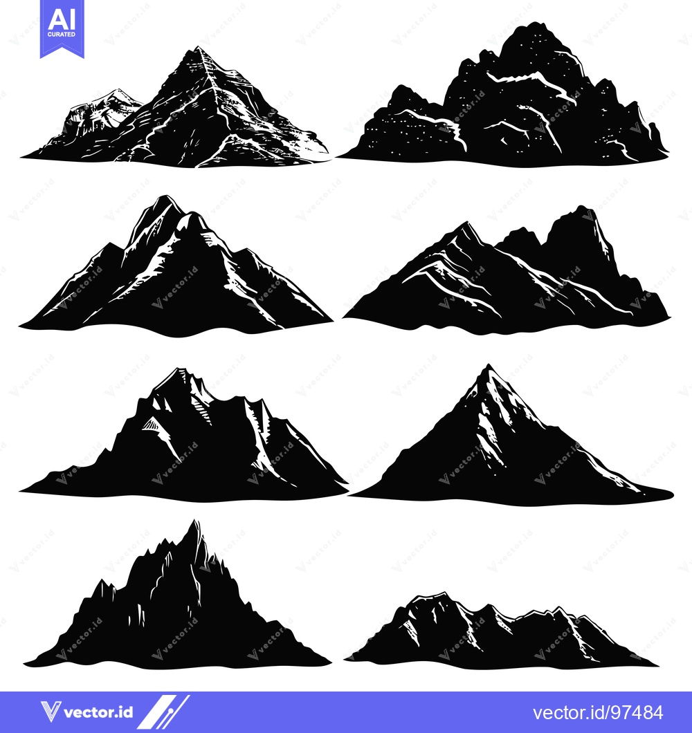 Premium Vector dari Eight Black and White Silhouettes of Mountain Ranges