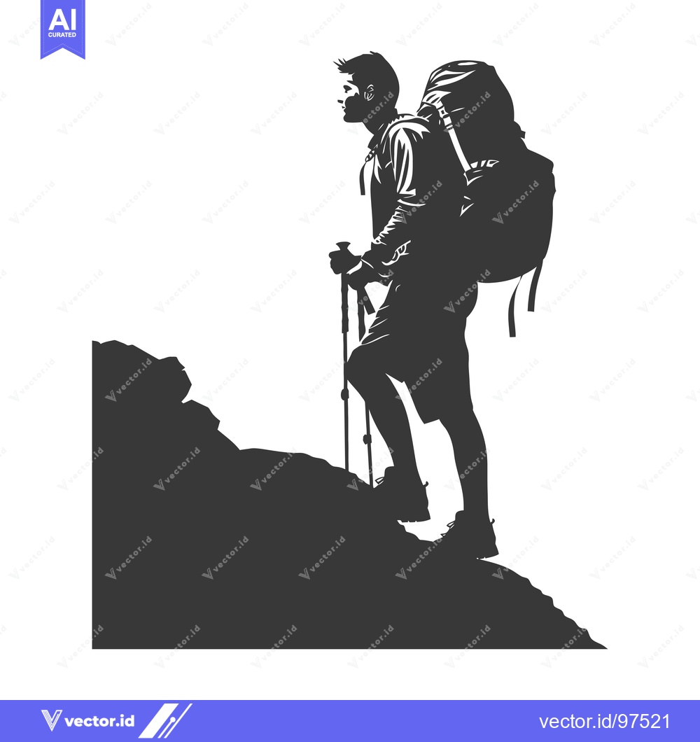 Premium Vector dari Silhouette of a Backpacker on a Mountain Ridge