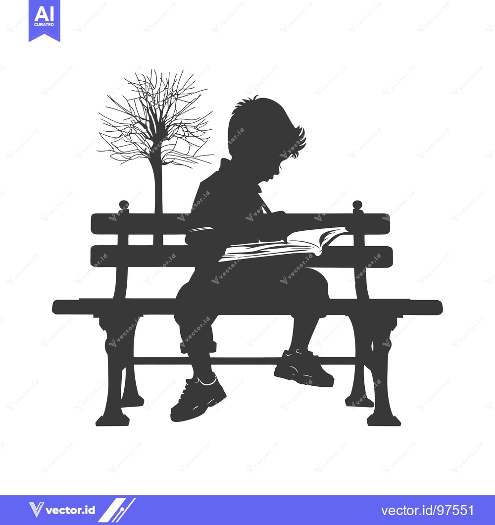 Premium Vector dari Silhouette of a Boy Reading a Book on a Bench with a Tree Behind Him