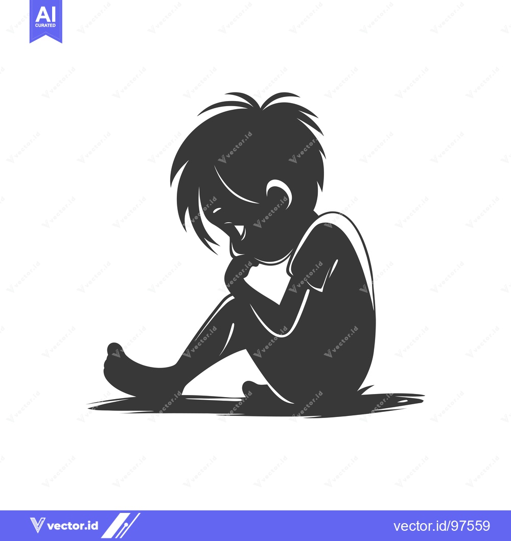 Premium Vector dari Silhouette of a Boy Sitting Down and Holding His Head in His Hands
