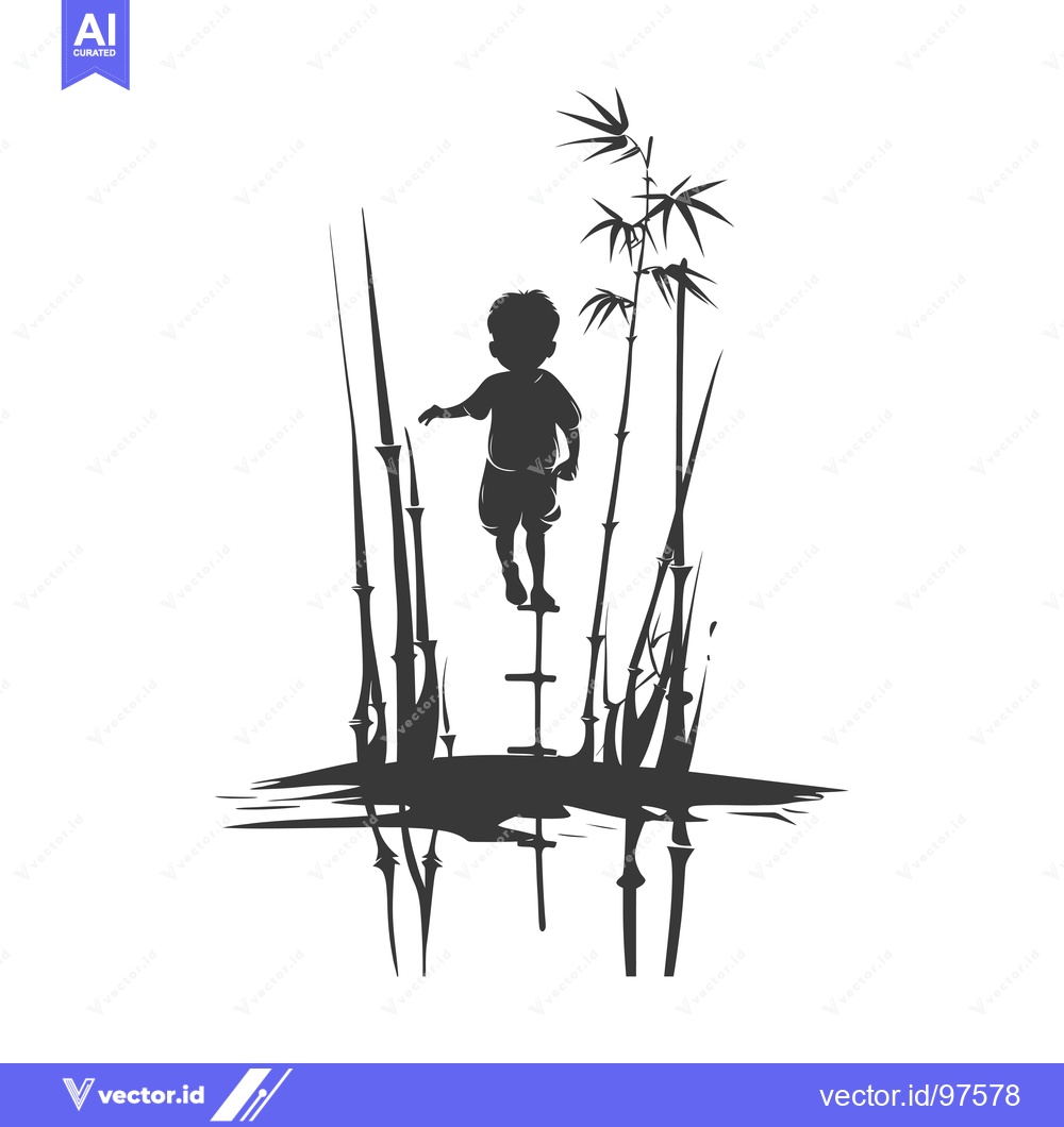 Premium Vector dari Silhouette of a Boy Standing on Stilts in a Bamboo Forest