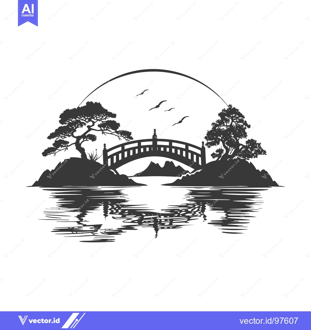 Premium Vector of Silhouette of a Bridge Over a Lake with Trees and Birds