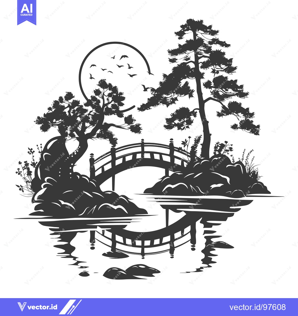 Premium Vector of Silhouette of a Bridge Over a River in a Forest with a Moon and Birds