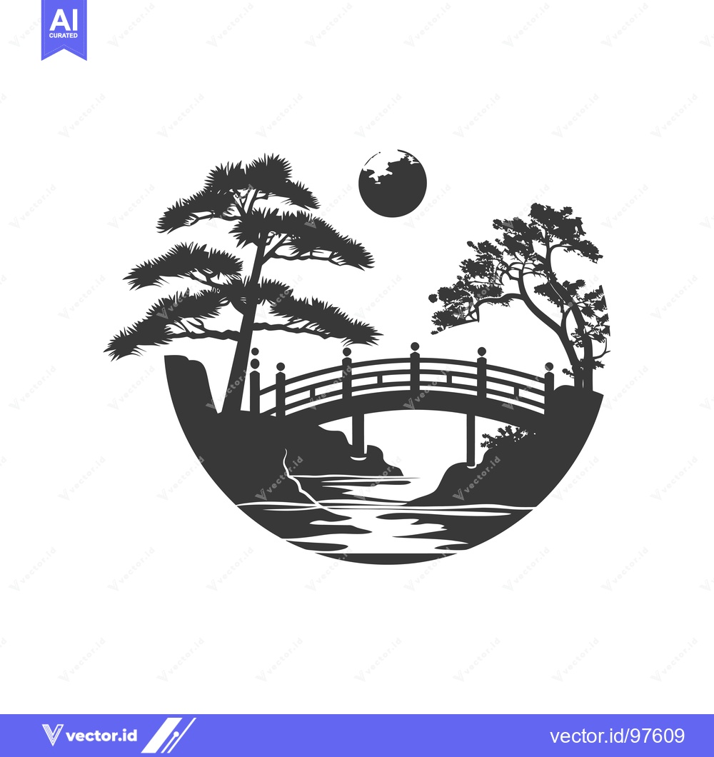 Premium Vector dari Silhouette of a Bridge Over a Stream in a Circular Landscape