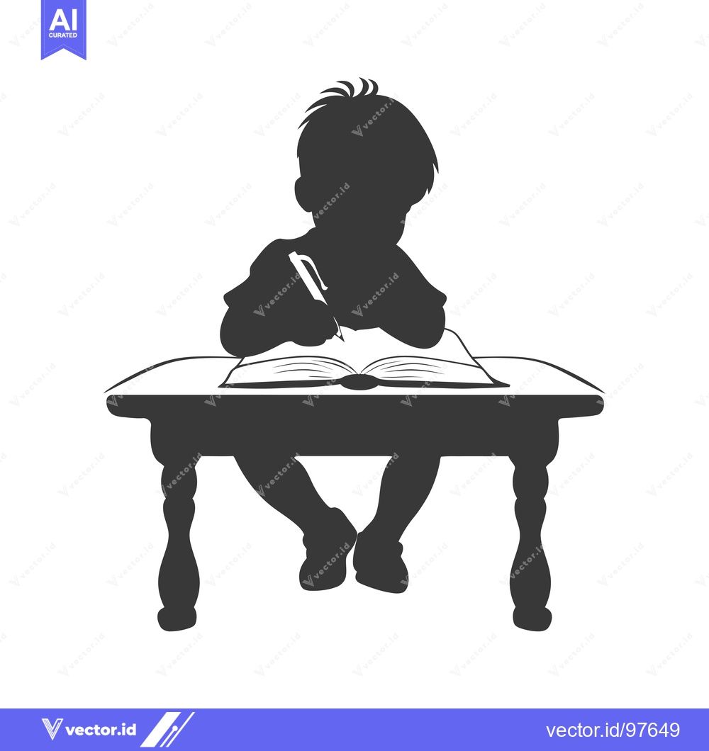 Premium Vector dari Silhouette of a Child Sitting at a Desk and Writing in a Book