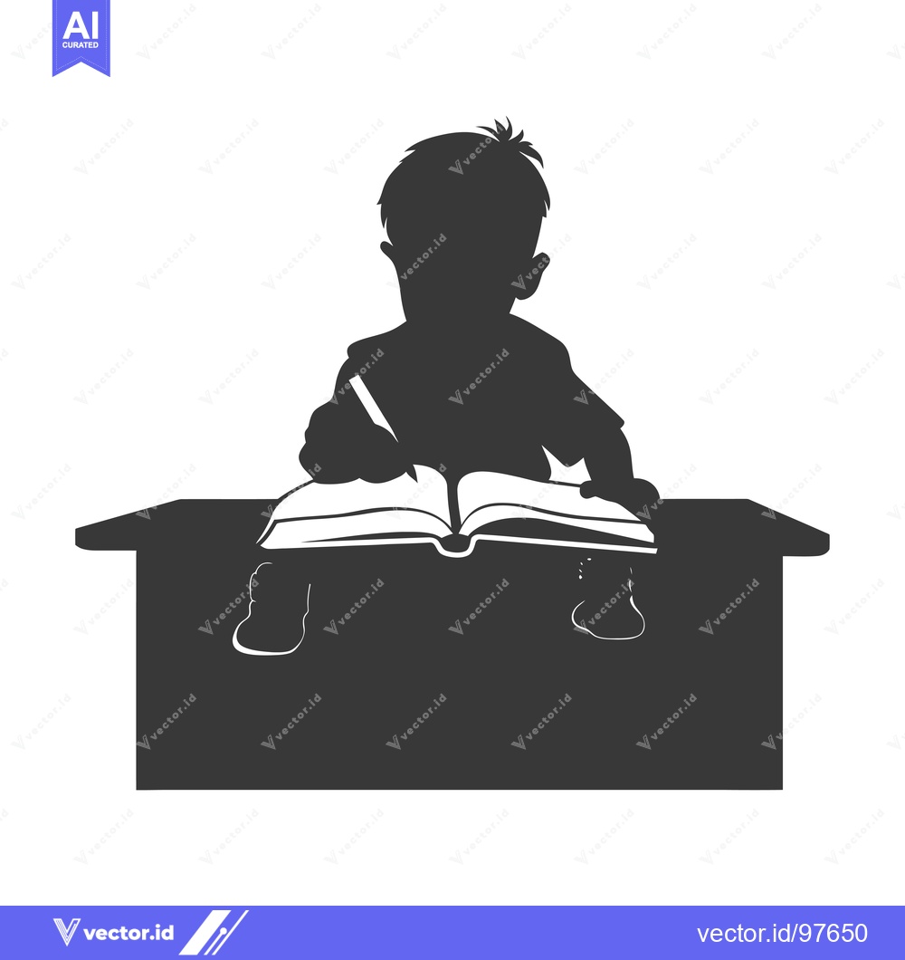 Premium Vector of Silhouette of a Child Sitting at a Desk with a Book and Pencil