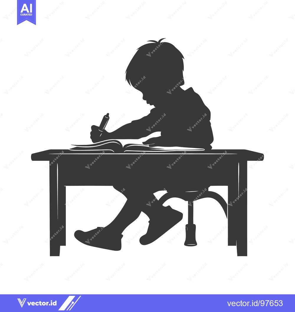 Premium Vector dari Silhouette of a Child Sitting at a Desk Writing