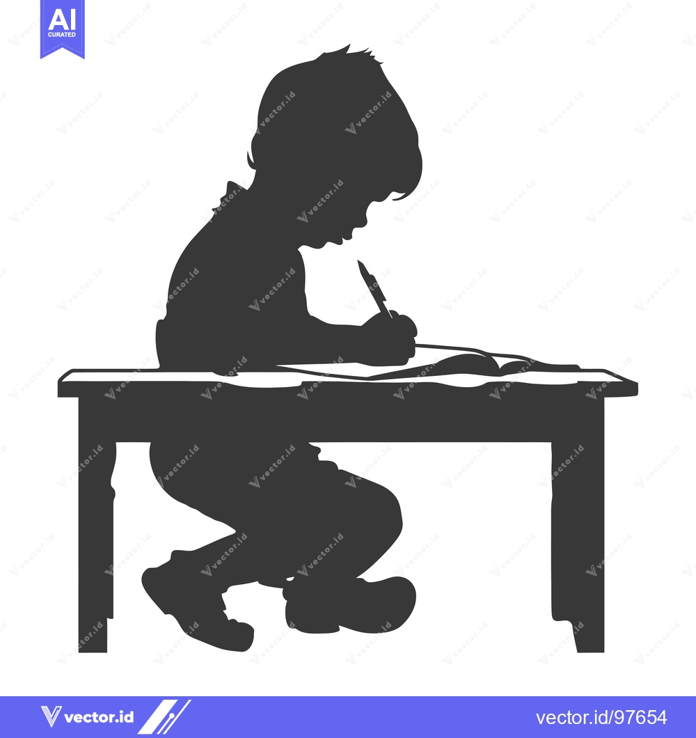 Premium Vector dari Silhouette of a Child Sitting at a Desk Writing