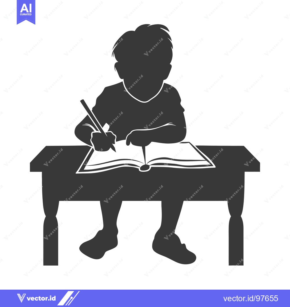Premium Vector dari Silhouette of a Child Sitting at a Desk Writing in a Book