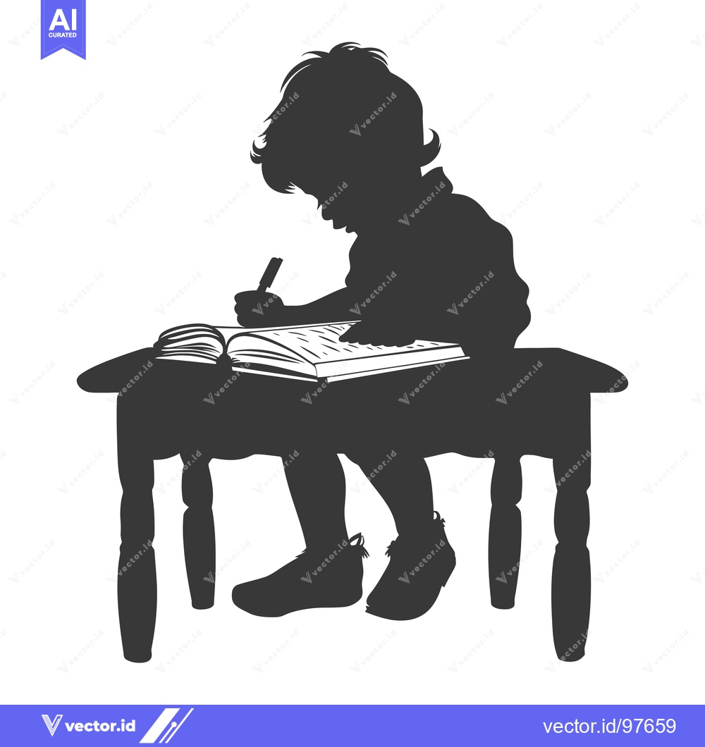 Premium Vector of Silhouette of a Child Sitting at a Table and Writing in a Book