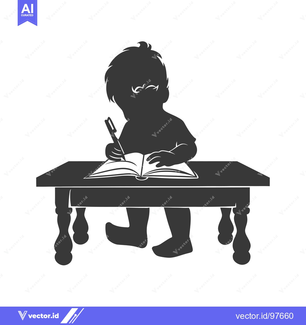 Premium Vector dari Silhouette of a child sitting at a table and writing in a book