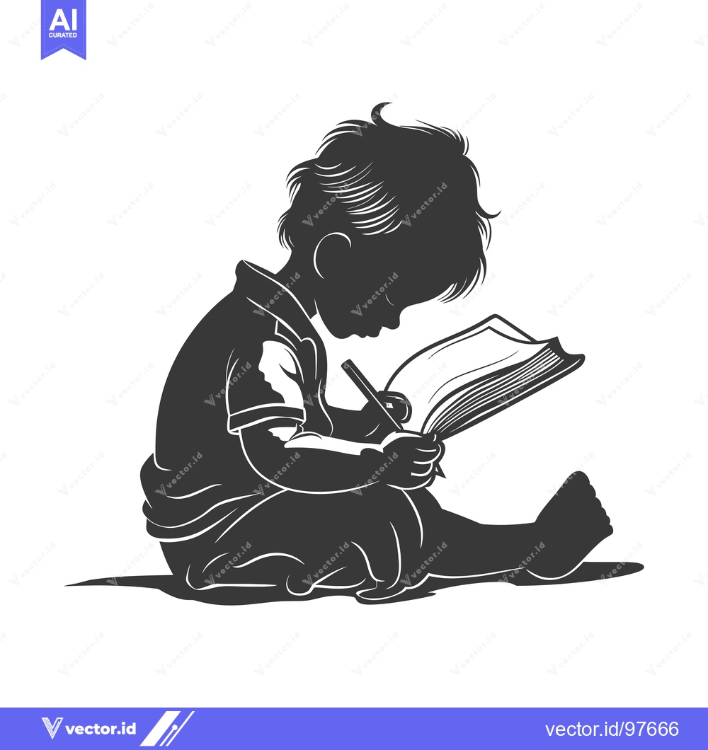 Premium Vector dari Silhouette of a Child Studying with a Book and Pencil