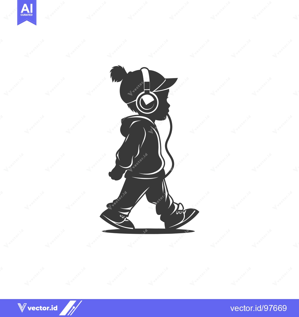 Premium Vector dari Silhouette of a child walking while listening to music with headphones