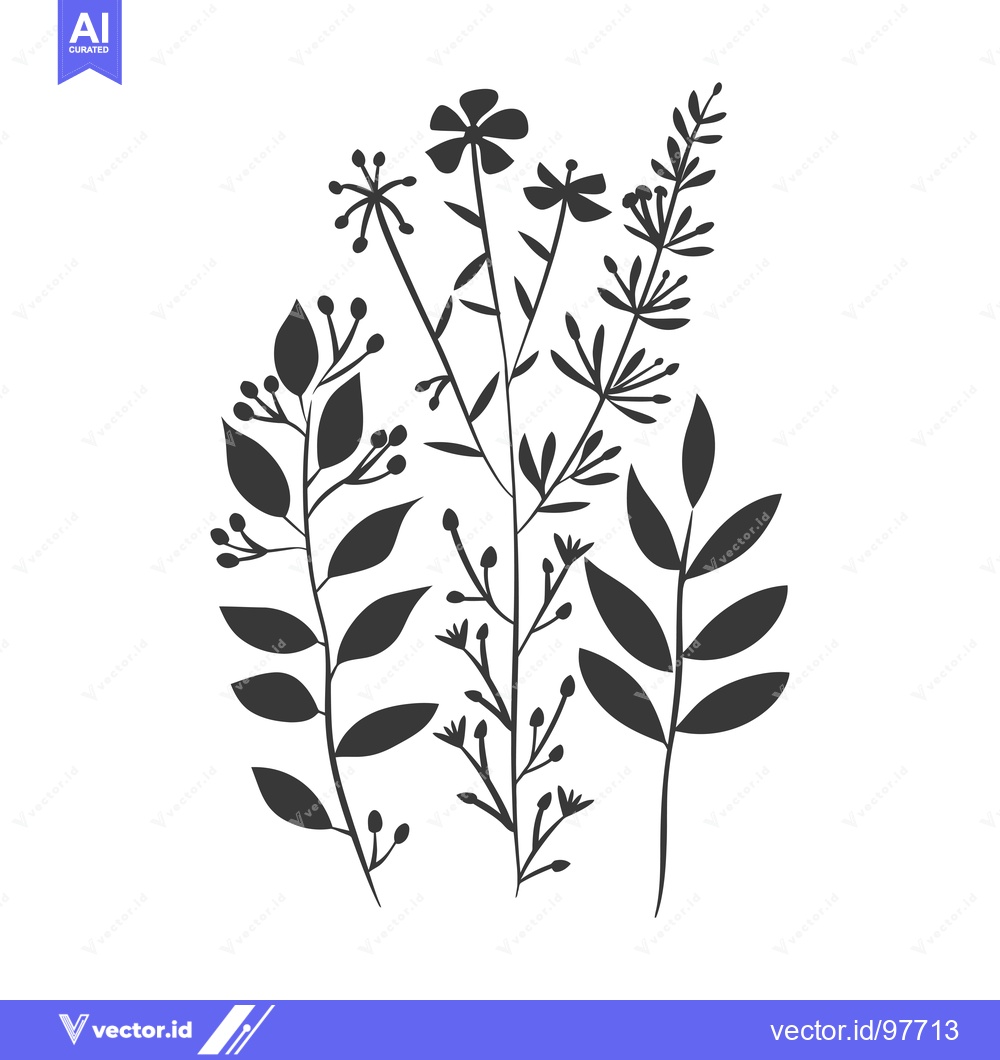Premium Vector dari Silhouette of a Collection of Floral Stems with Buds and Leaves