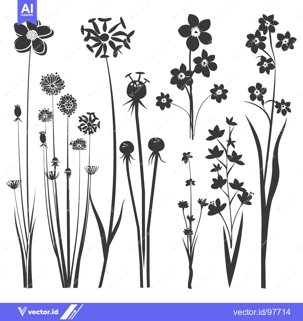 Premium Vector dari Silhouette of a collection of stylized flowers and plants