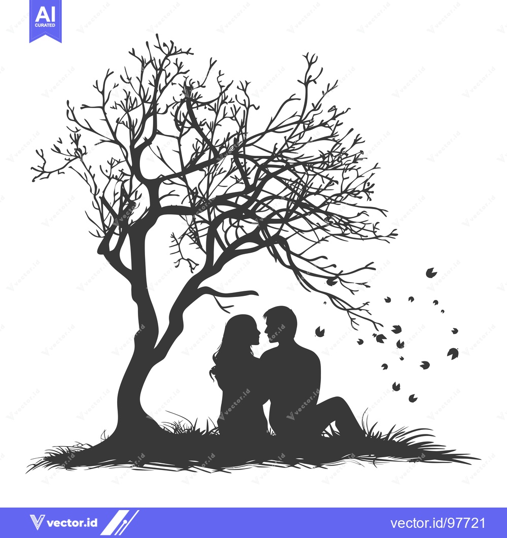 Premium Vector of Silhouette of a Couple Embracing Under a Bare Tree with Falling Leaves