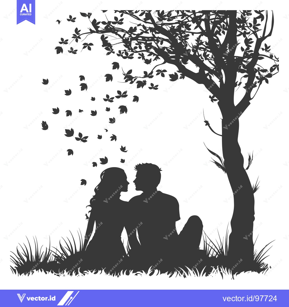 Premium Vector dari Silhouette of a Couple Embracing Under a Tree with Falling Leaves