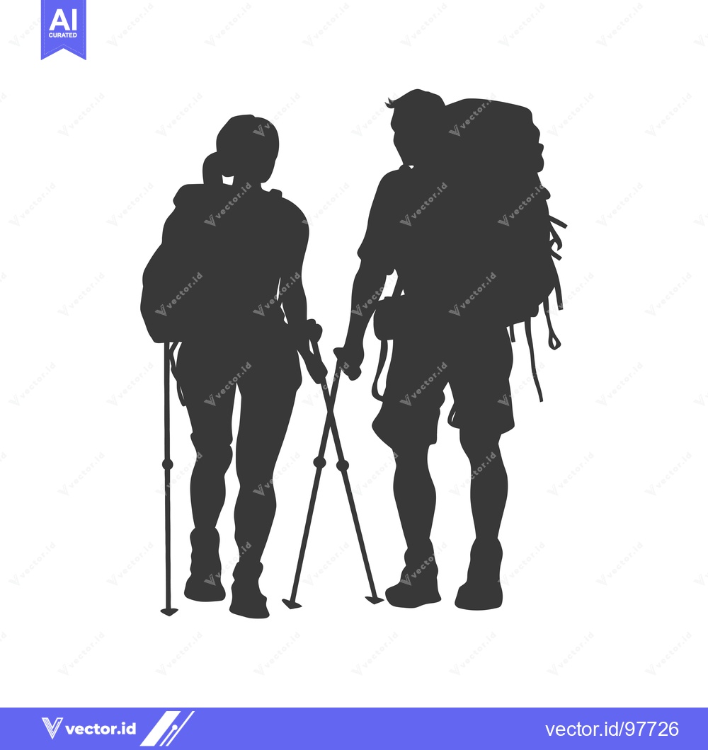 Premium Vector of Silhouette of a Couple Hiking with Backpacks and Trekking Poles