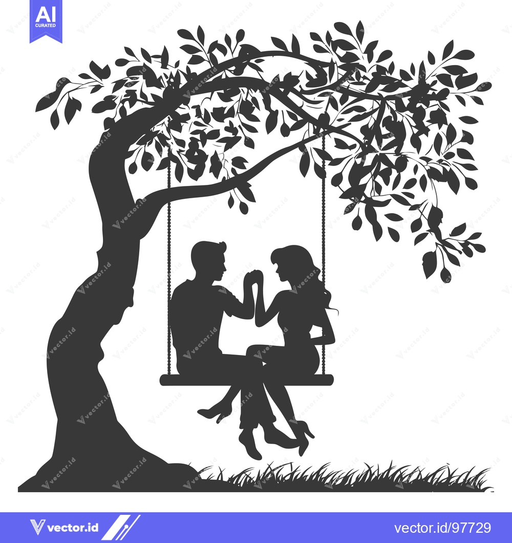 Premium Vector of Silhouette of a Couple Holding Hands on a Swing Under a Tree