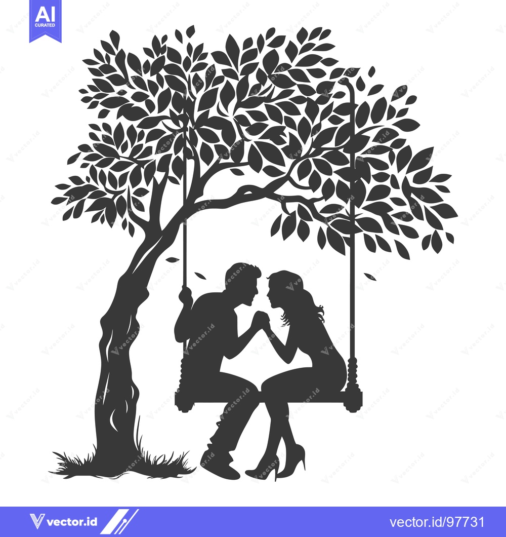 Premium Vector of Silhouette of a Couple Holding Hands on a Swing Under a Tree