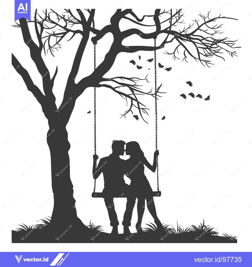 Premium Vector of Silhouette of a Couple Kissing on a Swing Under a Bare Tree