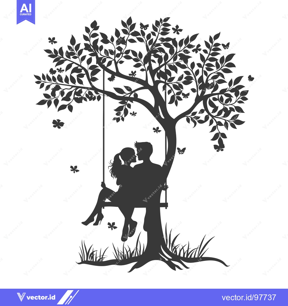 Premium Vector of Silhouette of a Couple Kissing on a Swing Under a Tree