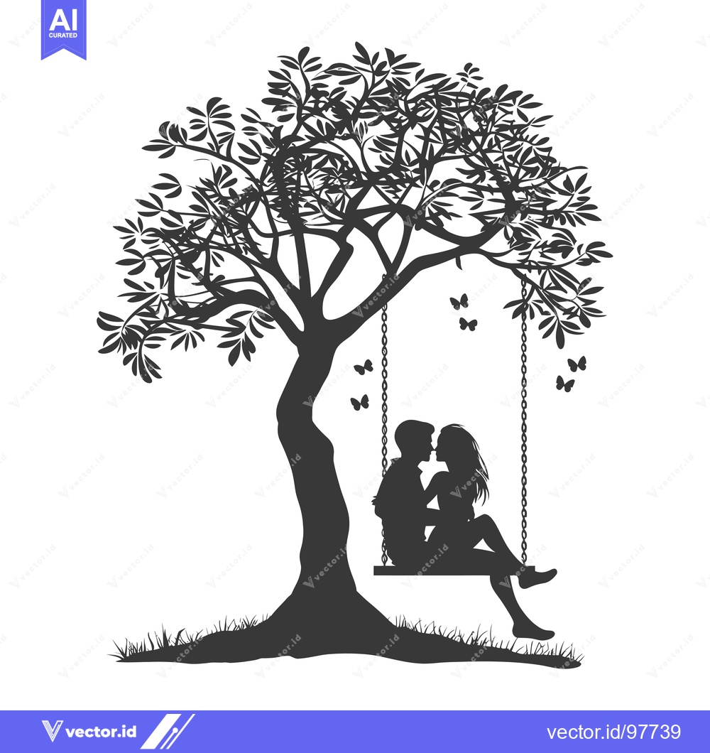 Premium Vector of Silhouette of a Couple Kissing on a Swing Under a Tree