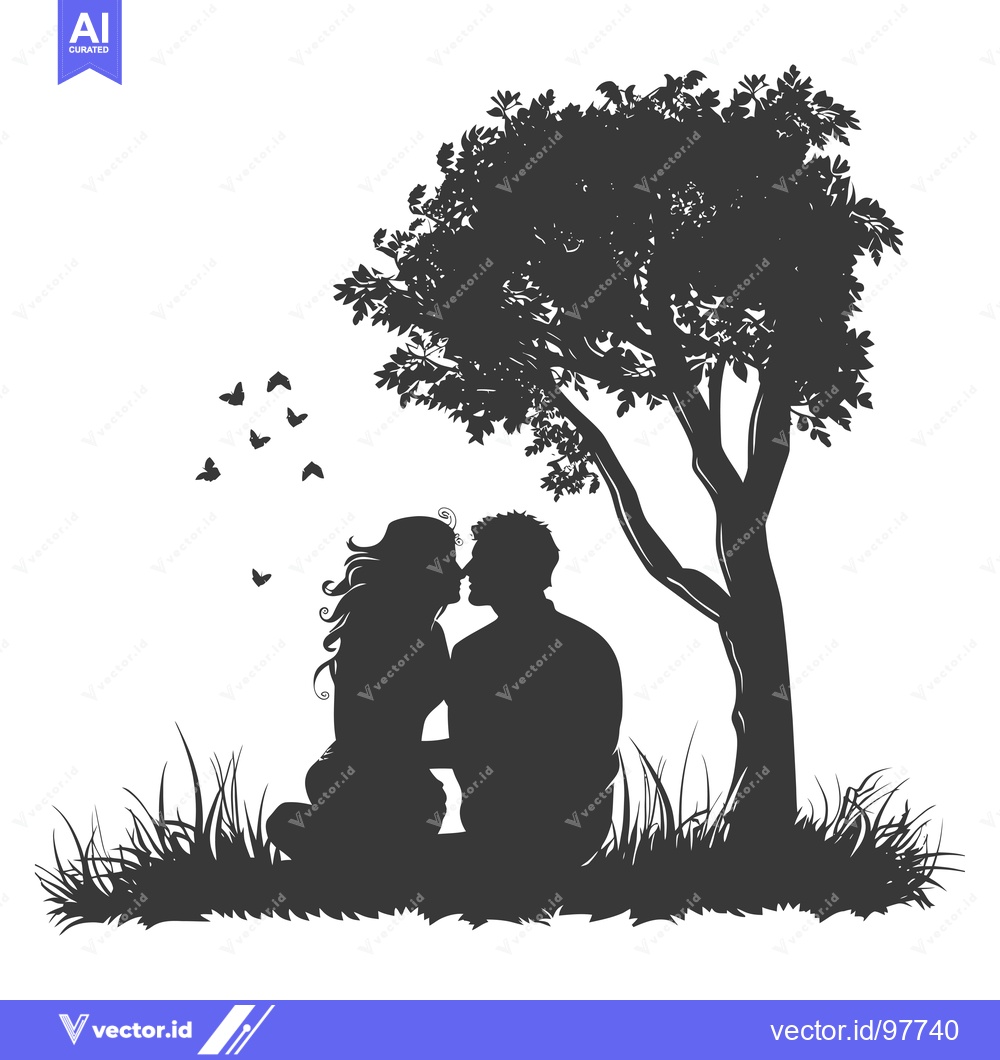 Premium Vector dari Silhouette of a Couple Kissing Under a Tree with Butterflies