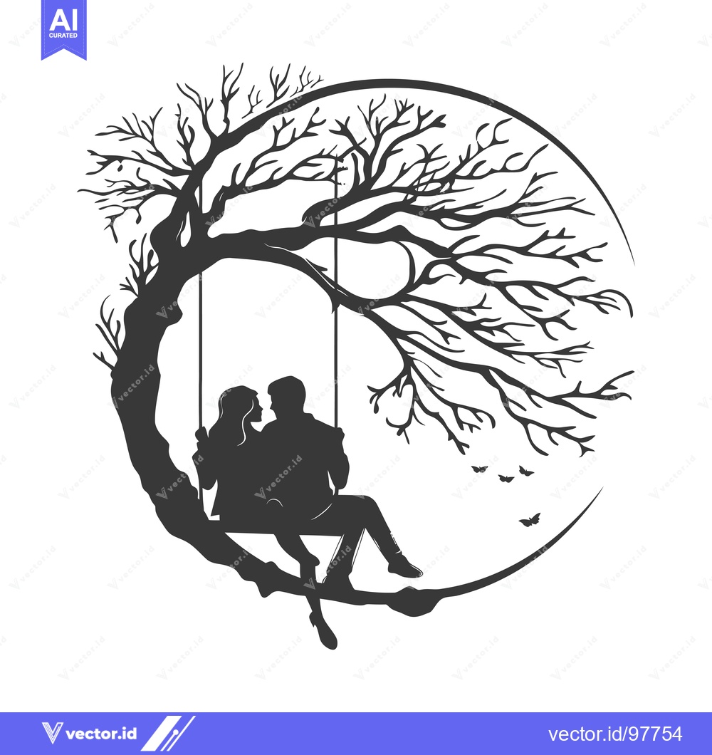 Premium Vector dari Silhouette of a Couple on a Swing Hanging From a Bare Tree in a Circul