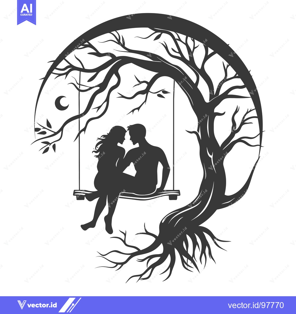 Premium Vector dari Silhouette of a Couple on a Swing in a Tree with a Crescent Moon