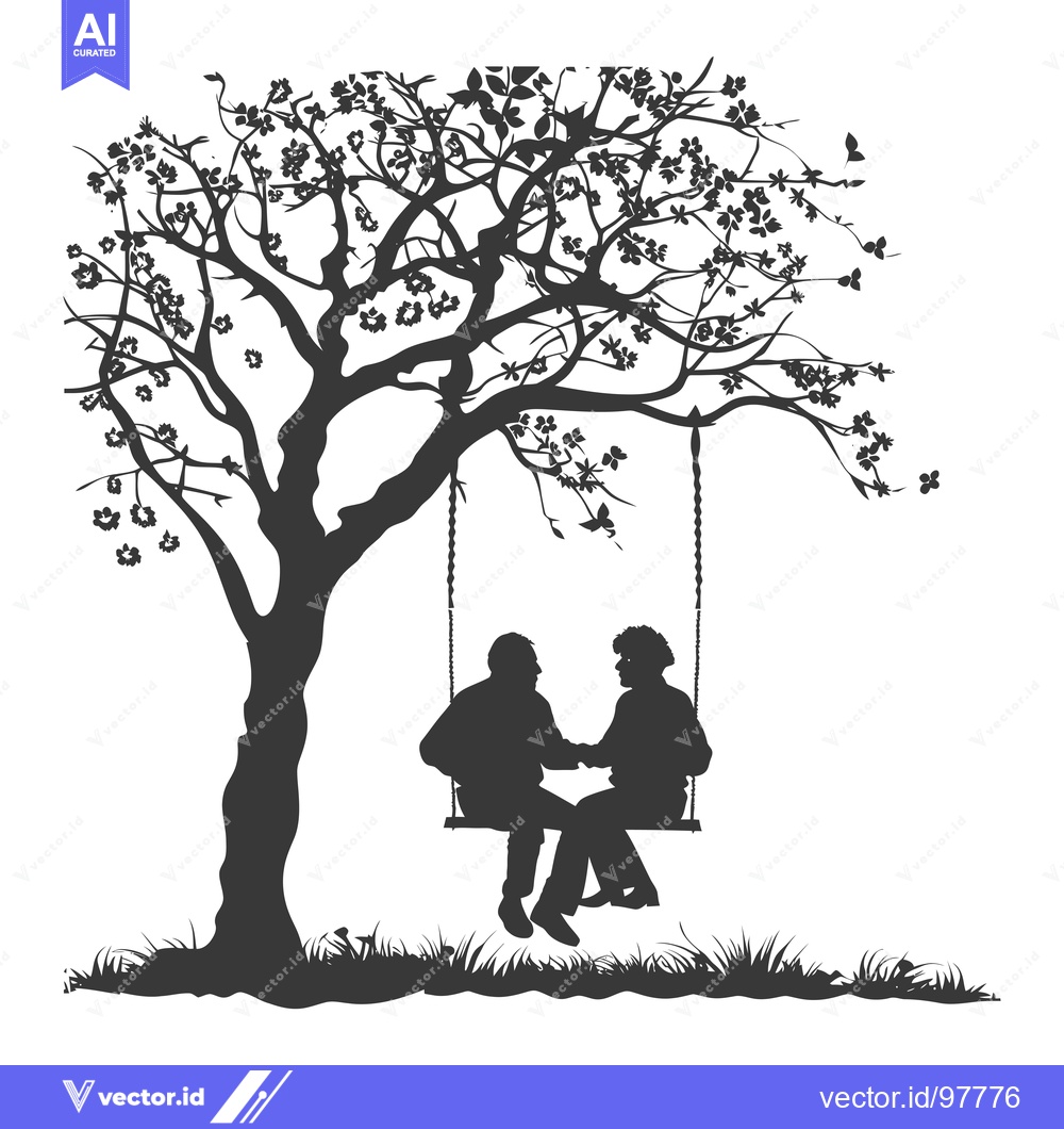 Premium Vector of Silhouette of a Couple on a Swing Under a Blooming Tree