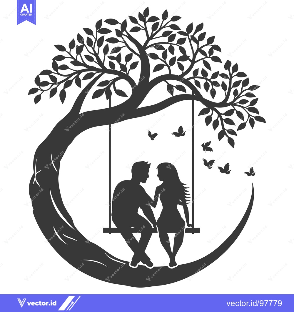 Premium Vector of Silhouette of a couple on a swing under a leafy tree with butterflies