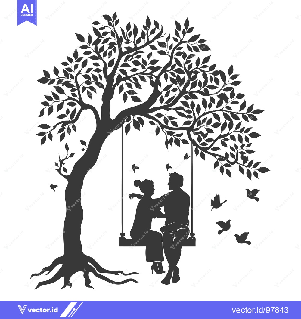Premium Vector dari Silhouette of a Couple on a Swing Under a Tree with Birds Flying
