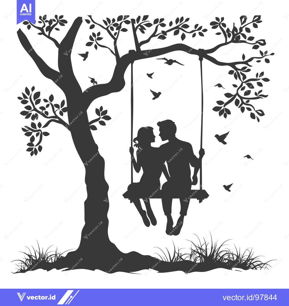 Premium Vector dari Silhouette of a Couple on a Swing Under a Tree with Birds Flying