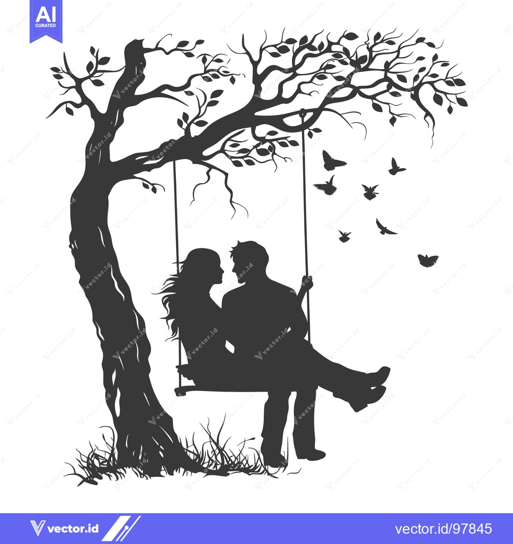 Premium Vector dari Silhouette of a couple on a swing under a tree with birds flying above