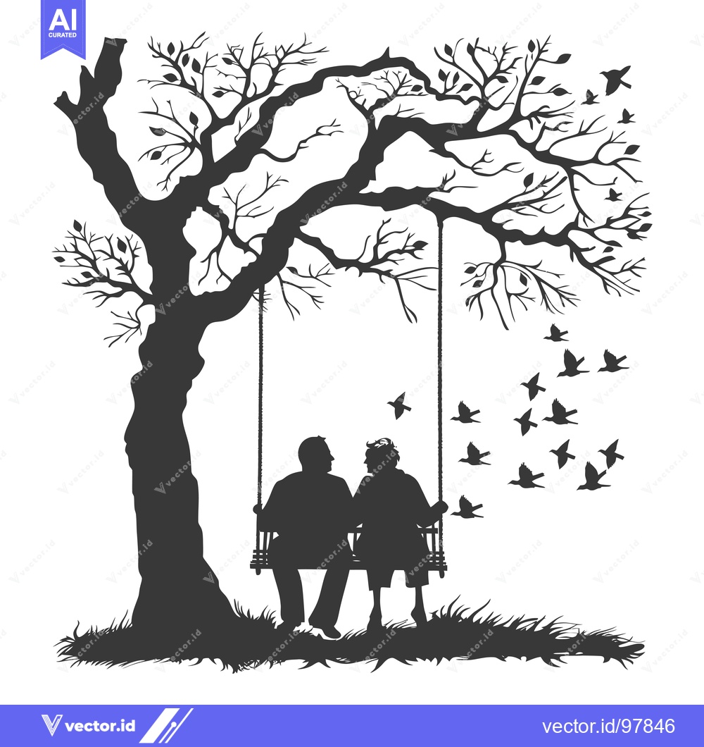 Premium Vector dari Silhouette of a Couple on a Swing Under a Tree with Birds Flying Aroun