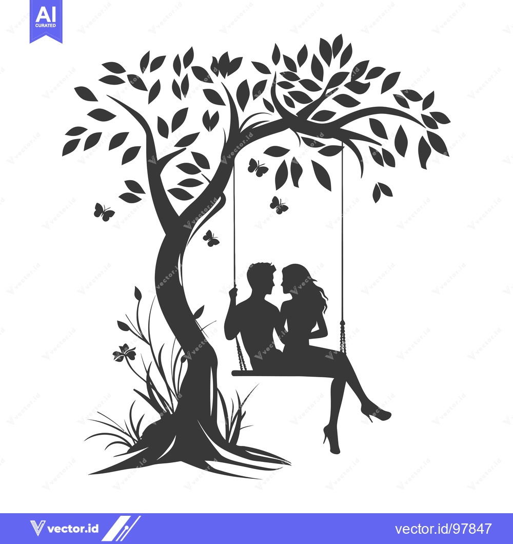 Premium Vector of Silhouette of a couple on a swing under a tree with butterflies