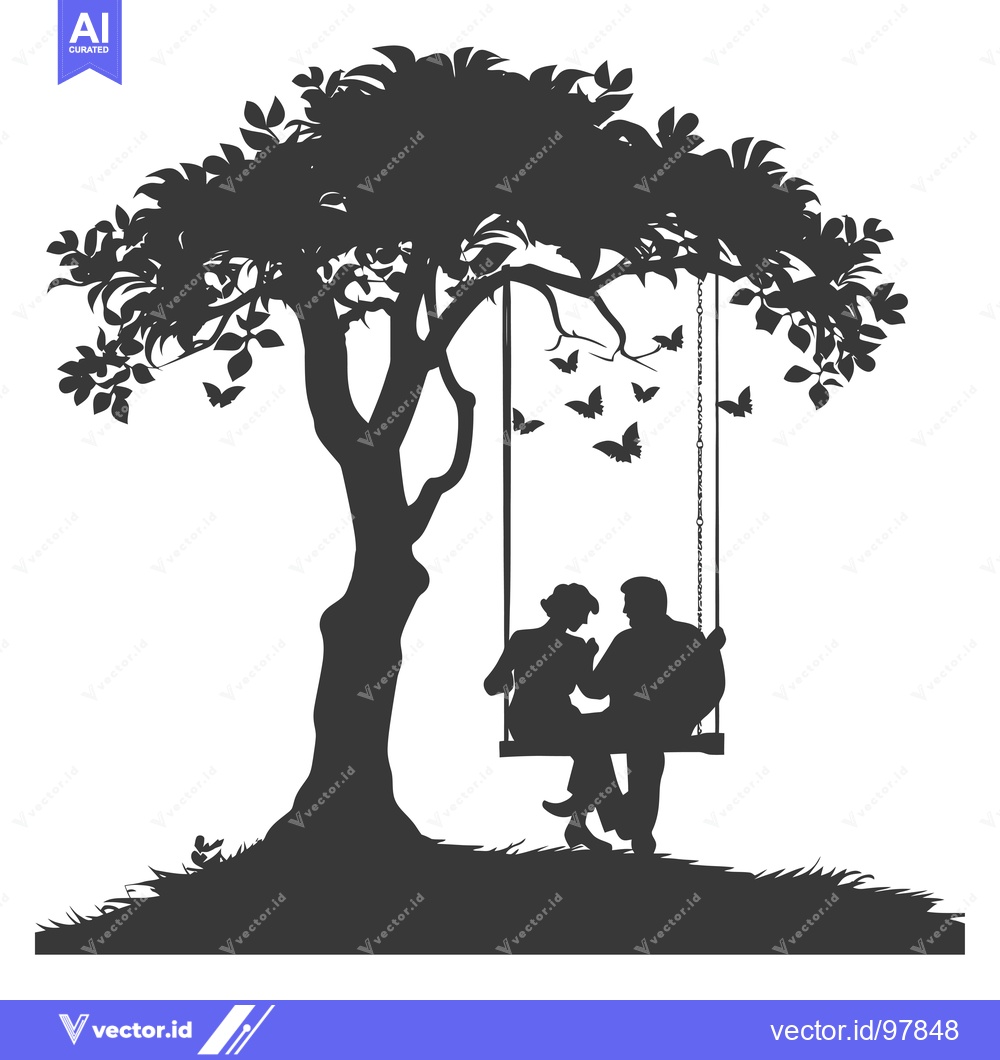 Premium Vector dari Silhouette of a Couple on a Swing Under a Tree with Butterflies