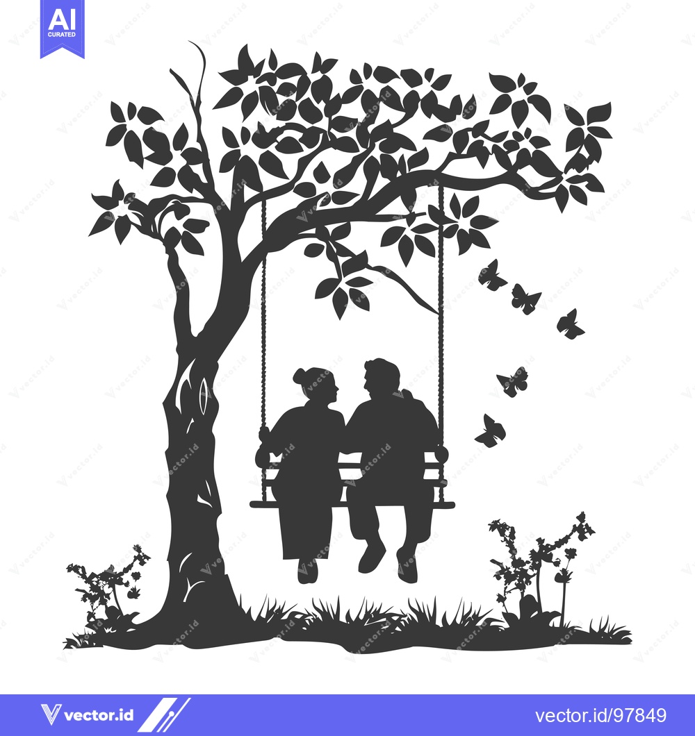 Premium Vector dari Silhouette of a Couple on a Swing Under a Tree with Butterflies
