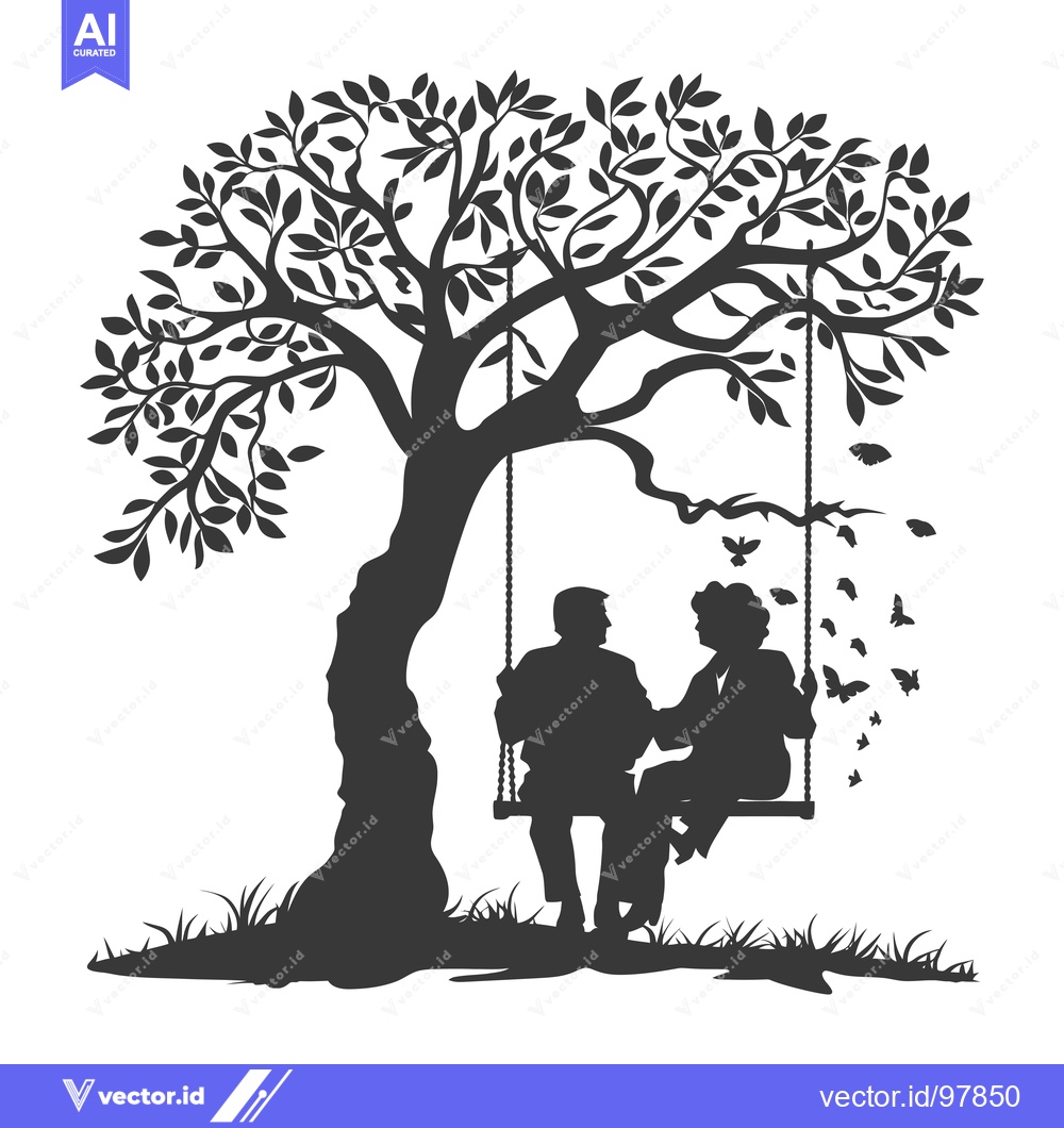 Premium Vector of Silhouette of a Couple on a Swing Under a Tree with Butterflies