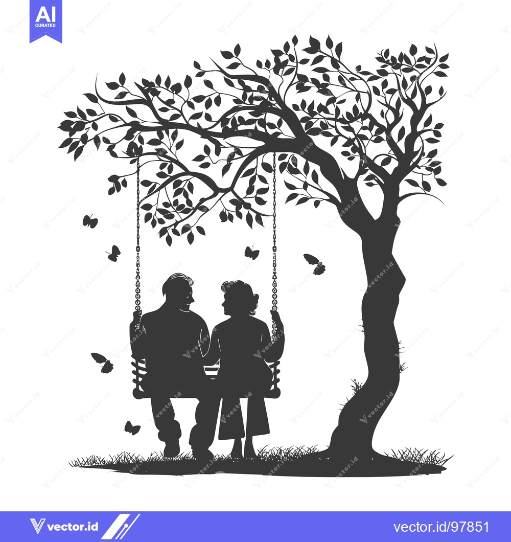 Premium Vector dari Silhouette of a Couple on a Swing under a Tree with Butterflies