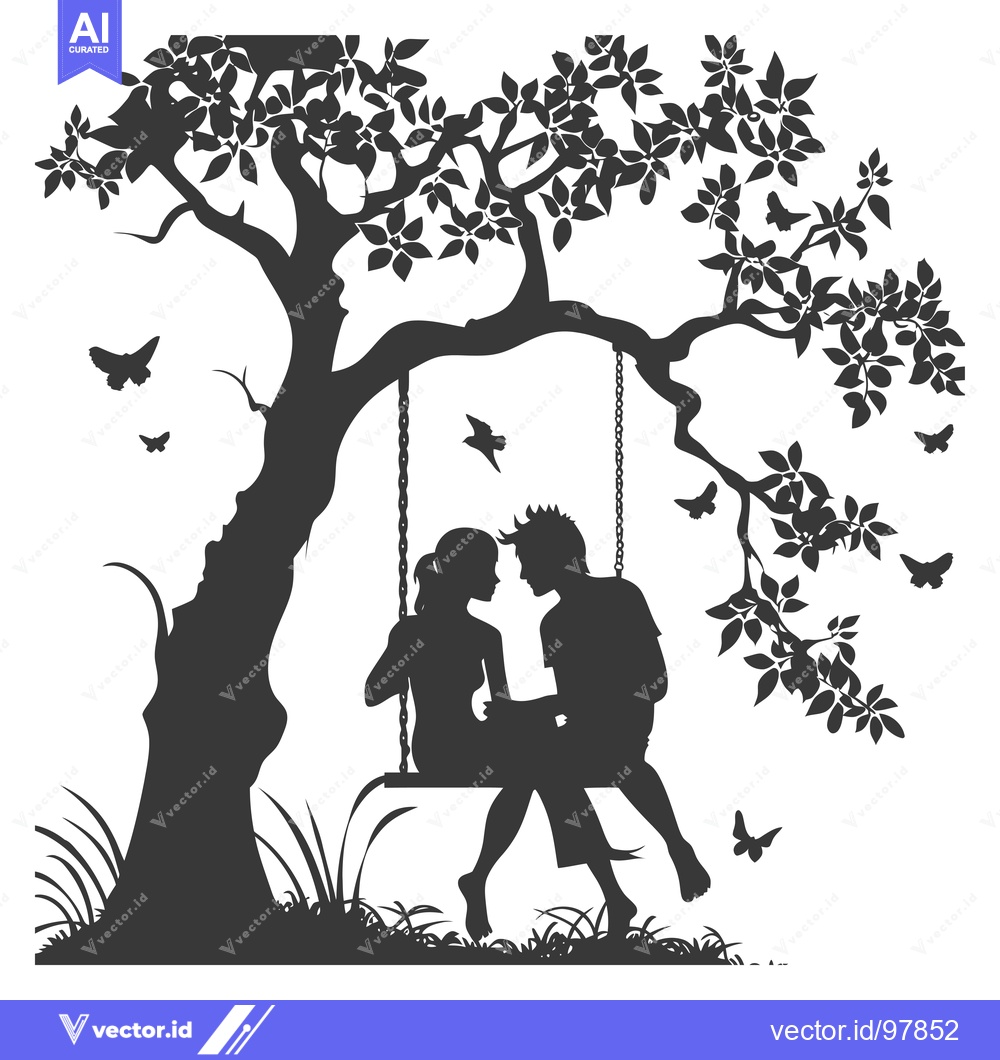 Premium Vector dari Silhouette of a Couple on a Swing Under a Tree with Butterflies
