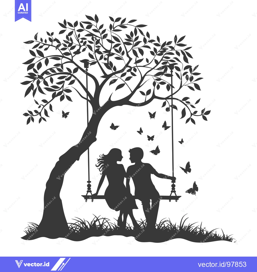 Premium Vector dari Silhouette of a Couple on a Swing Under a Tree with Butterflies