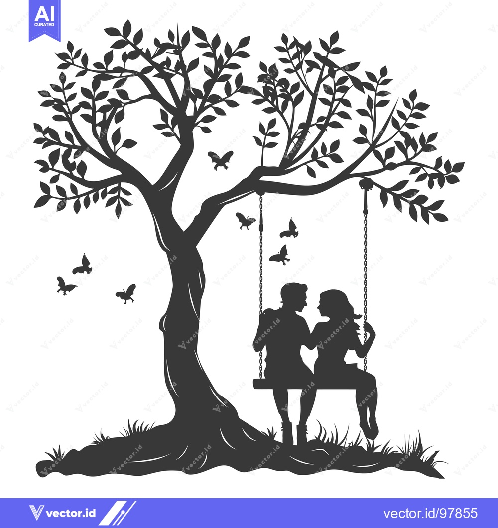 Premium Vector dari Silhouette of a Couple on a Swing under a Tree with Butterflies