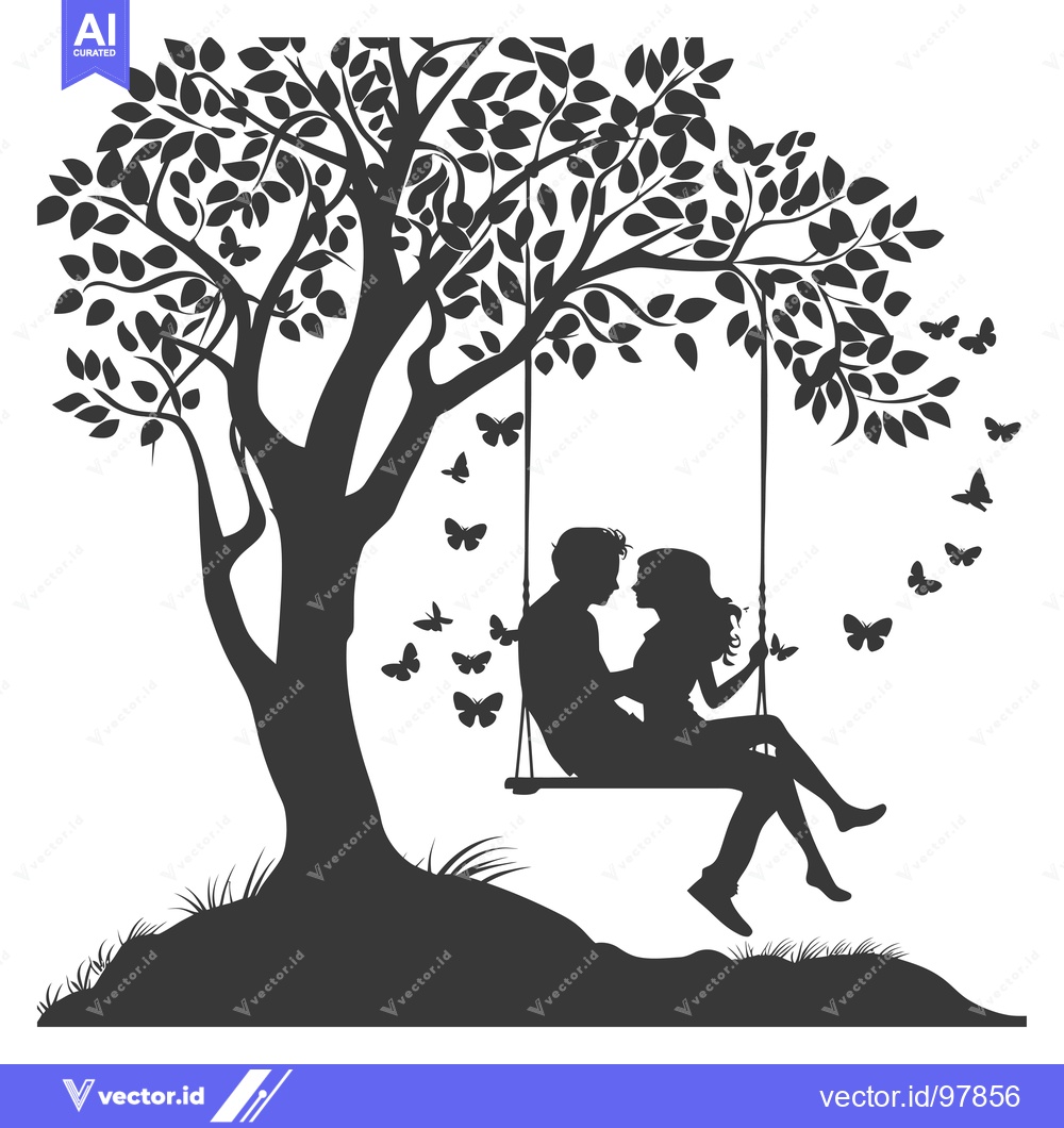 Premium Vector dari Silhouette of a Couple on a Swing under a Tree with Butterflies
