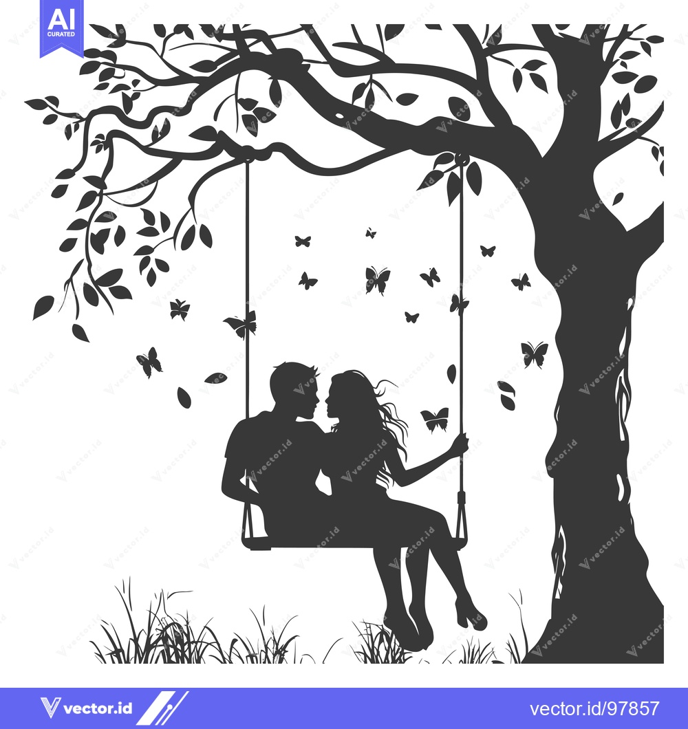 Premium Vector dari Silhouette of a Couple on a Swing Under a Tree with Butterflies