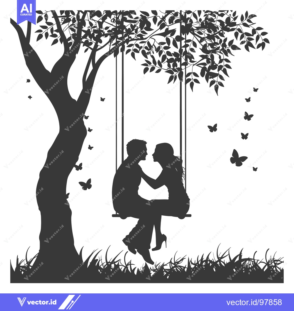 Premium Vector dari Silhouette of a Couple on a Swing under a Tree with Butterflies