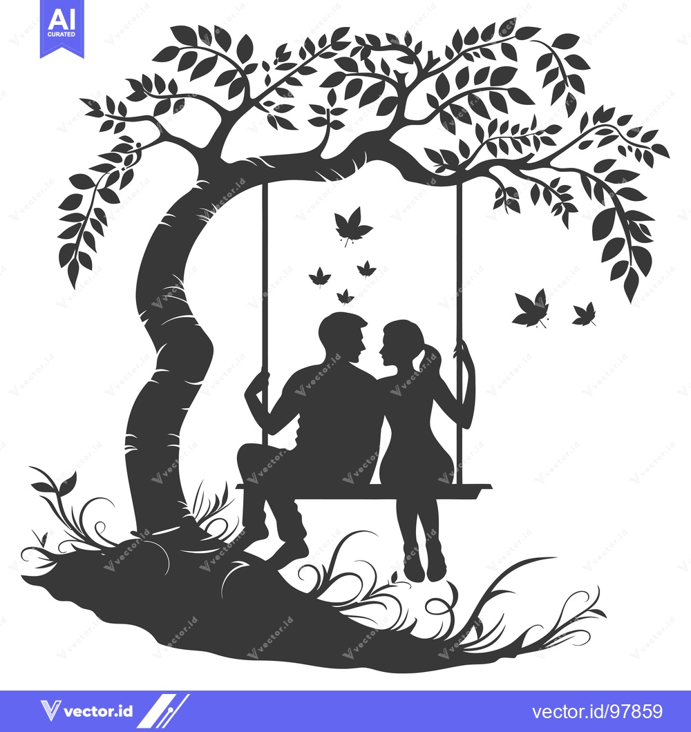 Premium Vector dari Silhouette of a Couple on a Swing Under a Tree with Falling Leaves