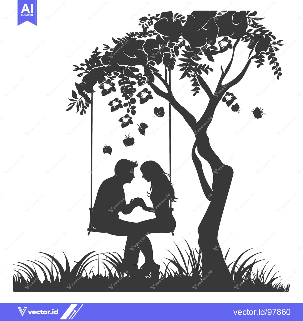 Premium Vector of Silhouette of a couple on a swing under a tree with flowers